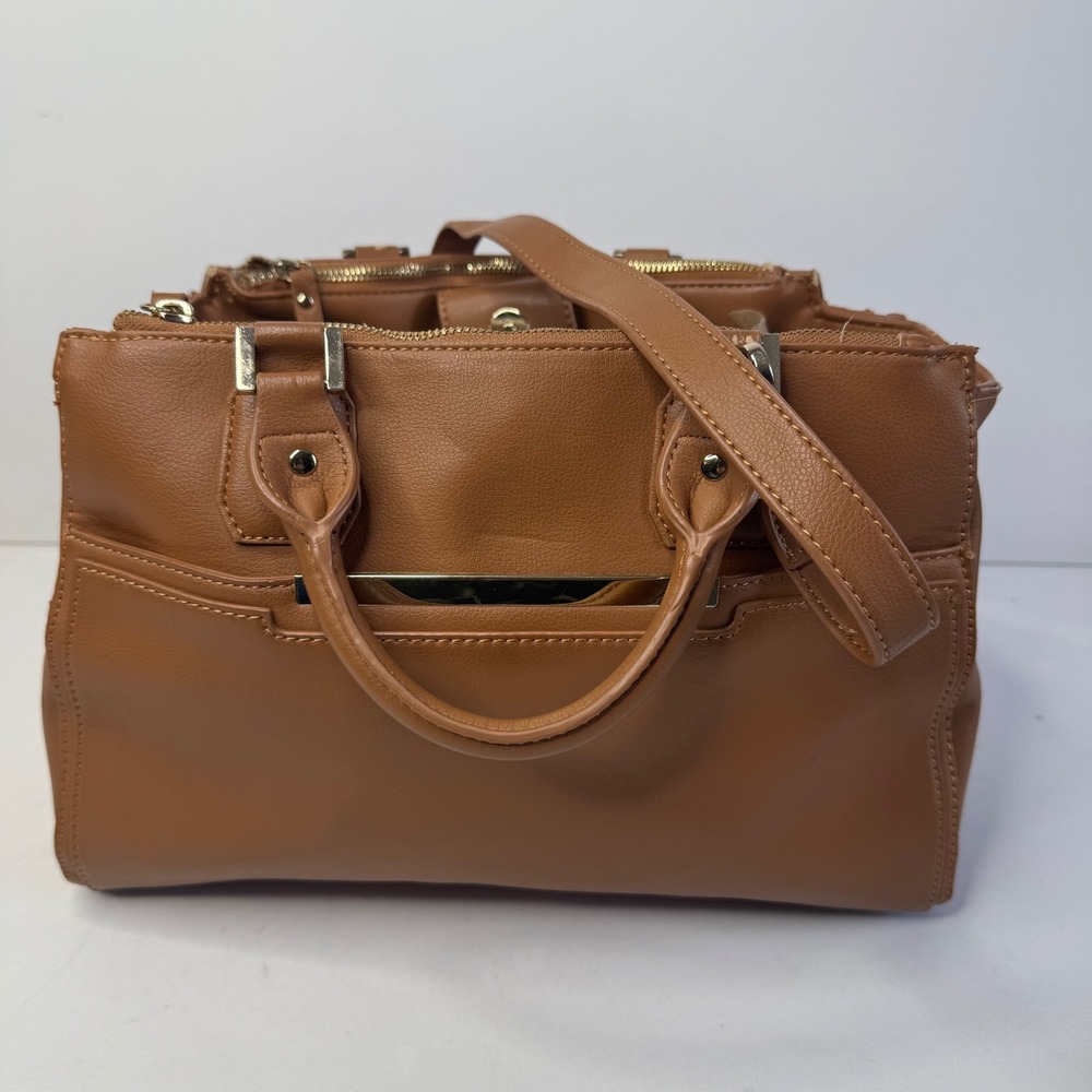Jennifer Lopez Tan Faux Leather Triple‎ Compartment Satchel Crossbody Bag